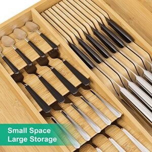 kiplant Bamboo Kitchen Drawer Organizer, Expandable Cutlery Tray Silverware Organizer with Large Knife Blocks for Silverware, Flatware, Knives, Utensil Organizer for Kitchen Drawers