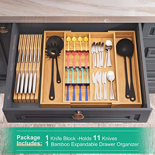 kiplant Bamboo Kitchen Drawer Organizer, Expandable Cutlery Tray Silverware Organizer with Large Knife Blocks for Silverware, Flatware, Knives, Utensil Organizer for Kitchen Drawers