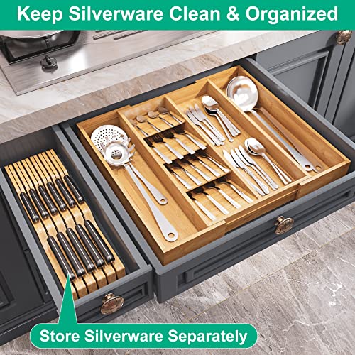 kiplant Bamboo Kitchen Drawer Organizer, Expandable Cutlery Tray Silverware Organizer with Large Knife Blocks for Silverware, Flatware, Knives, Utensil Organizer for Kitchen Drawers