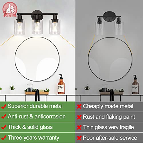 3-Light Bathroom Light Fixtures, Black Bathroom Wall Lights, Modern Bathroom Vanity Light with Clear Glass Shade, Bathroom Wall Lamp for Mirror Kitchen Bedroom Living Room Hallway Cabinet Porch