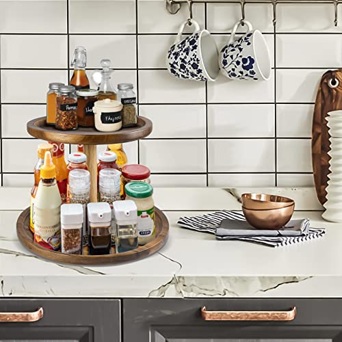 2 Tier Acacia Wooden Lazy Susan Organizer for Kitchen,Turntable for Cabinet,Turntable Organizer for Cabinet Pantry Table Organization-(10''+13'')