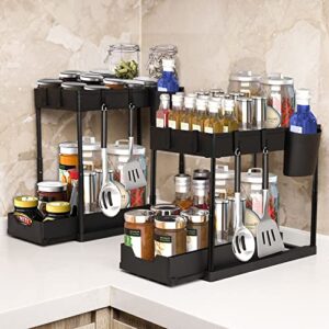 2 Pack Under Sink Organizers and Storage, 2 Tier Sliding Under Storage Drawer Organizer with Hooks and Hanging Cup,for Bathroom Kitchen Sink Organizer,Black