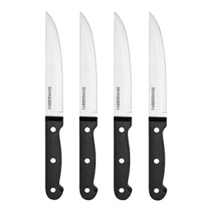 farberware 4-piece full-tang triple rivet ‘never needs sharpening’ stainless steel steak knife set, black