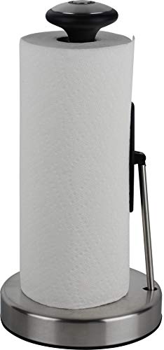 Paper Towel Holder Stainless Steel - Easy to Tear Paper Towel Dispenser - Weighted Base - Adjustable Spring arm to Hold Any Type of Paper Towels - fits in Kitchen or for Bathroom Paper Towel Holder