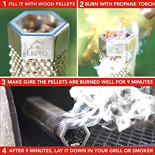 LIZZQ Premium Pellet Smoker Tube 12 inches - 5 Hours of Billowing Smoke - for Any Grill or Smoker, Hot or Cold Smoking - An Easy and Safe Way to Provide Smoking - Free eBook Grilling Ideas and Recipes