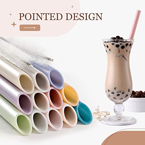 [Angled Tips] 12 Pcs Reusable Boba, Smoothie Straws with 4 Brushes & 1 Bag - 12 mm Wide Jumbo Straws - Colored BPA FREE Food-Grade Plastic Straws for Bubble Tea(Tapioca, Boba Pearls), Milkshakes