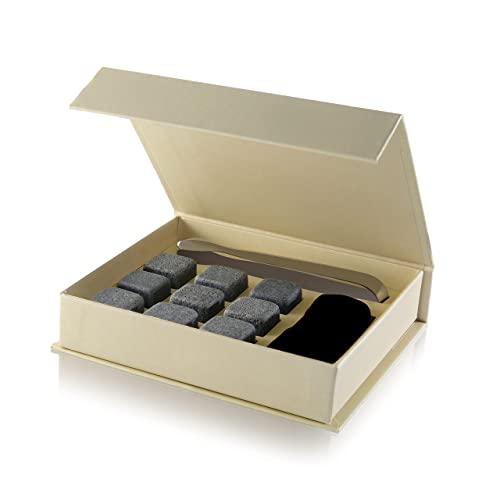 Set of 9 Grey Beverage Chilling Stones [Chill Rocks] Whiskey Stones for Whiskey and Other Beverages - in Gift Box with Velvet Carrying Pouch - Made of 100% Pure Soapstone - by Quiseen