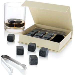 Set of 9 Grey Beverage Chilling Stones [Chill Rocks] Whiskey Stones for Whiskey and Other Beverages - in Gift Box with Velvet Carrying Pouch - Made of 100% Pure Soapstone - by Quiseen