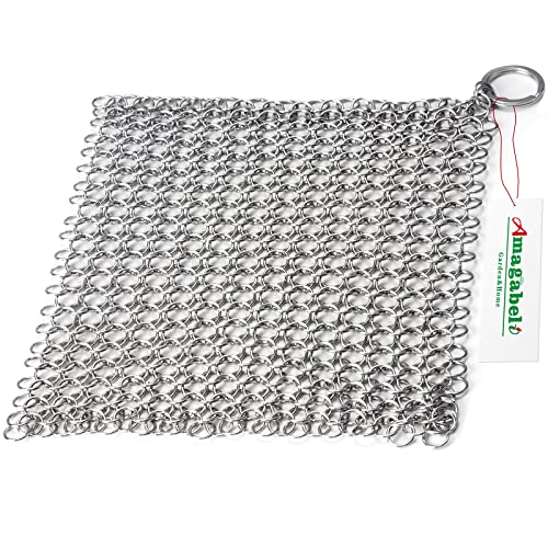 Amagabeli Cast Iron Cleaner 8"x6" Rectangle Metal Scrubber with Hanging Ring 316 Premium Stainless Steel Chainmail Scrubber for Cast Iron Pans CS03