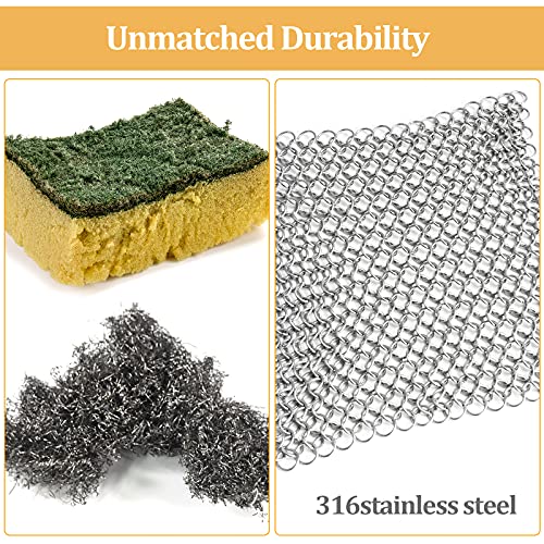 Amagabeli Cast Iron Cleaner 8"x6" Rectangle Metal Scrubber with Hanging Ring 316 Premium Stainless Steel Chainmail Scrubber for Cast Iron Pans CS03