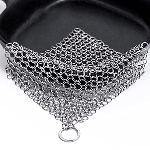 Amagabeli Cast Iron Cleaner 8"x6" Rectangle Metal Scrubber with Hanging Ring 316 Premium Stainless Steel Chainmail Scrubber for Cast Iron Pans CS03