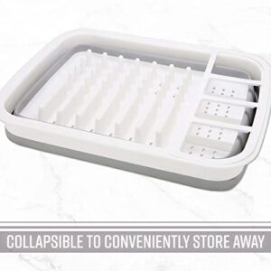 Kitchen Details Collapsible Dish Drying Rack | Space Saver | Aerated Bases Drain Holes | Plates, Bowls, Utensils Compartments | Countertop and Sink Storage | White/Grey