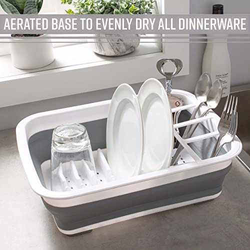 Kitchen Details Collapsible Dish Drying Rack | Space Saver | Aerated Bases Drain Holes | Plates, Bowls, Utensils Compartments | Countertop and Sink Storage | White/Grey