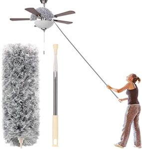 microfiber duster with extension pole(stainless steel) 30 to 100”, with bendable head, extendable long duster for cleaning ceiling fan, high ceiling, keyboard, furniture cars