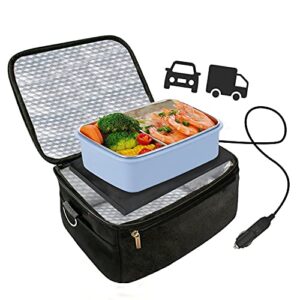 car food warmer portable 12v personal oven for car heat lunch box with adjustable/detachable shoulder strap, using for work/picnic/road trip, electric slow cooker for food (black)