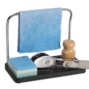 zccz sponge holder – kitchen sink organizer tray stainless steel dish cloth hanger soap dispenser brush holder caddy, black marble look