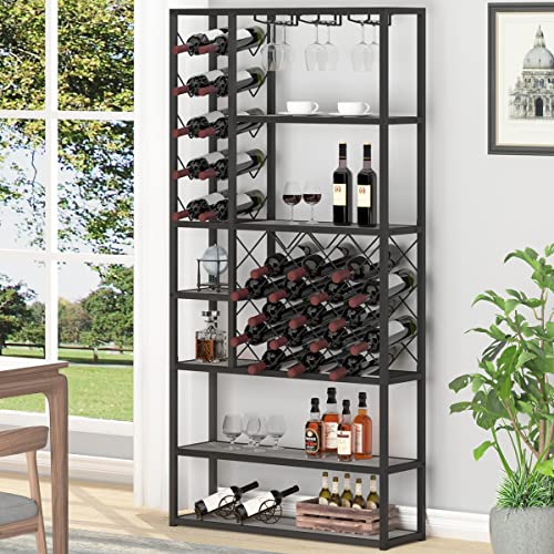 Launica Industrial Wine Rack Freestanding Floor, Farmhouse Tall Coffee Bar Cabinet with Storage, Wood Metal Stackable Bakers Rack, Modern Buffet Cabinet for Home Kitchen Dining Room, Light Grey Oak