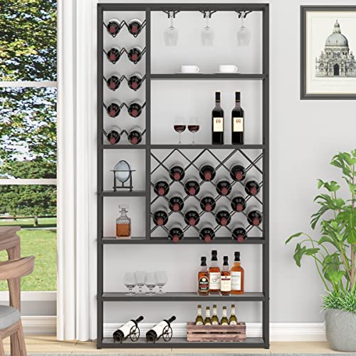 Launica Industrial Wine Rack Freestanding Floor, Farmhouse Tall Coffee Bar Cabinet with Storage, Wood Metal Stackable Bakers Rack, Modern Buffet Cabinet for Home Kitchen Dining Room, Light Grey Oak