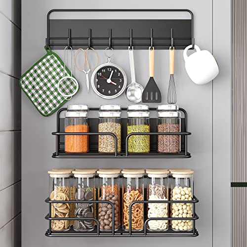 SEIRIONE Magnetic Spice Racks for Refrigerator with 8-Hook Rack,3-Piece Set Seasoning Organizer,2 In 1 Design Spice Rack Organizer,Soid Magnetic Shelf as Seasoning Rack for Kitchen, Bathroom,Laundry