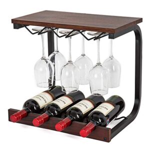 SODUKU Wine Rack Wall Mounted Handmade Metal & Wood Wine Countertop Rack Wine Storage Shelf with 4 Bottle Cages & 6 Long Stem Glass Holder Walnut