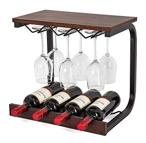 SODUKU Wine Rack Wall Mounted Handmade Metal & Wood Wine Countertop Rack Wine Storage Shelf with 4 Bottle Cages & 6 Long Stem Glass Holder Walnut