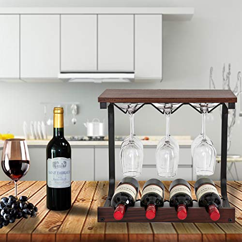 SODUKU Wine Rack Wall Mounted Handmade Metal & Wood Wine Countertop Rack Wine Storage Shelf with 4 Bottle Cages & 6 Long Stem Glass Holder Walnut