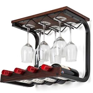 SODUKU Wine Rack Wall Mounted Handmade Metal & Wood Wine Countertop Rack Wine Storage Shelf with 4 Bottle Cages & 6 Long Stem Glass Holder Walnut