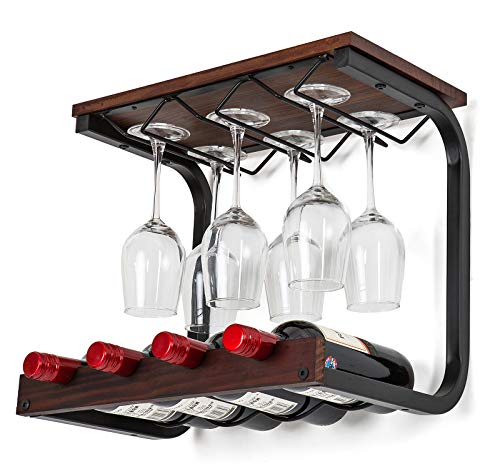 SODUKU Wine Rack Wall Mounted Handmade Metal & Wood Wine Countertop Rack Wine Storage Shelf with 4 Bottle Cages & 6 Long Stem Glass Holder Walnut