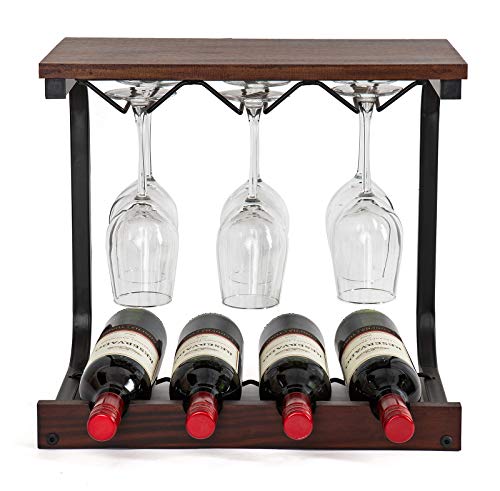 SODUKU Wine Rack Wall Mounted Handmade Metal & Wood Wine Countertop Rack Wine Storage Shelf with 4 Bottle Cages & 6 Long Stem Glass Holder Walnut