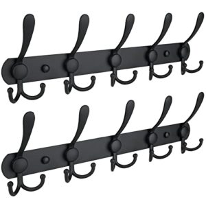 ticonn wall mounted coat rack, five heavy duty tri hooks all metal construction for jacket coat hat in mudroom entryway (matte black, 2-pack)