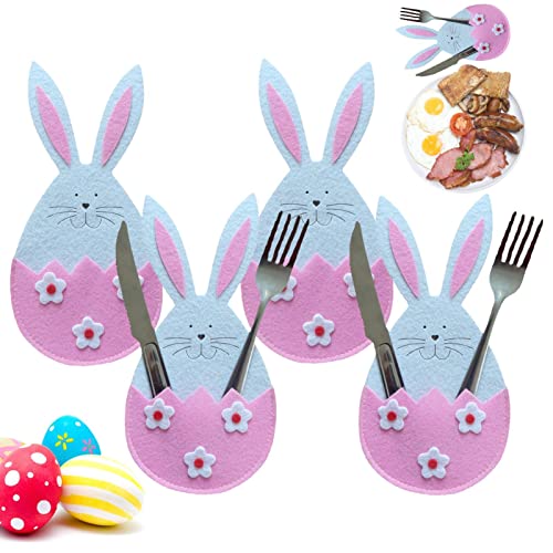 Easter Silverware Bags - Easter Bunny Felt Kitchen Utensil Holder - 4pcs/Set Kitchen Utensil and Flatware Organizers Supplies Easter Cutlery Holders for Party Dinner