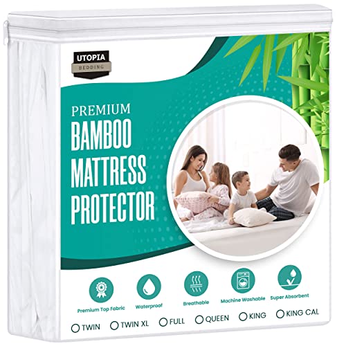 Utopia Bedding Waterproof Bamboo Mattress Protector (Queen) – Stretches up to 17 Inches Deep – 5 Sided Mattress Cover – Soft & Breathable Fitted Style