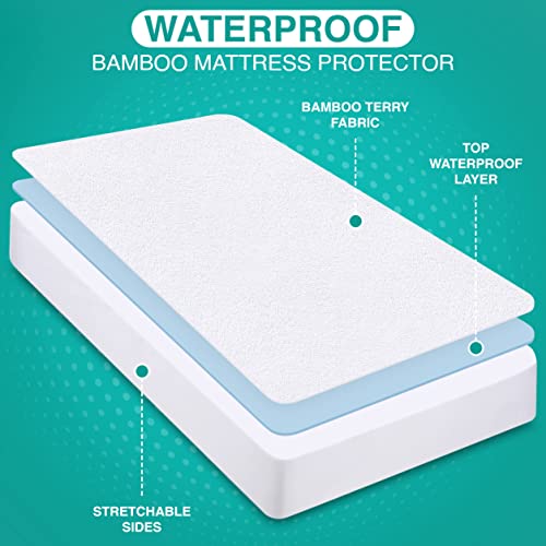 Utopia Bedding Waterproof Bamboo Mattress Protector (Queen) – Stretches up to 17 Inches Deep – 5 Sided Mattress Cover – Soft & Breathable Fitted Style