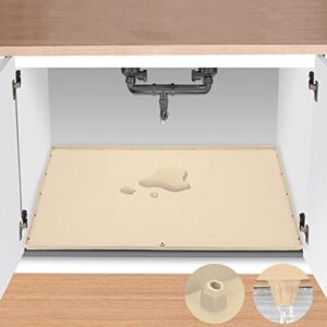 xpiy under sink mat for kitchen cabinet liner, 34″ x 22″ silicone waterproof mat, holds 3 gallons water, raised edge, easy to clean, under sink drip tray-kitchen sink mats-bathroom sink mat(beige)