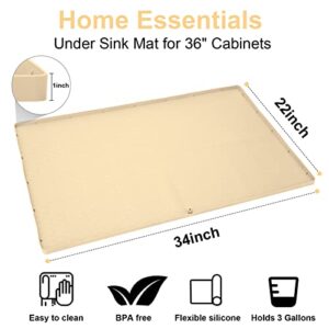 XPIY Under Sink Mat for Kitchen Cabinet Liner, 34" x 22" Silicone Waterproof Mat, Holds 3 Gallons Water, Raised Edge, Easy to Clean, Under Sink Drip Tray-Kitchen Sink Mats-Bathroom Sink Mat(Beige)