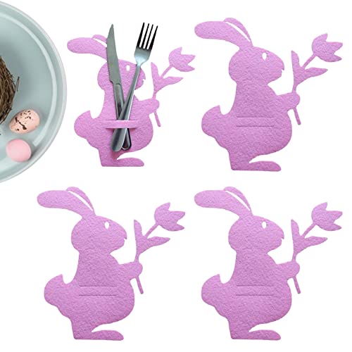 Rabbit Cutlery Bag - 4 Pcs Easter Bunny Felt Tableware Holders - Kitchen Utensil and Flatware Organizers Supplies Easter Cutlery Holders for Party Dinner