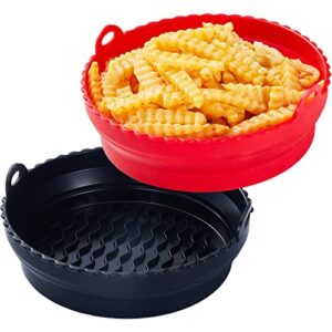 2-pack, trohollis™ silicone air fryer liners | 7.5＂foldable air fryer silicone pot [new-upgraded] | food-grade reusable air fryer accessories for replacing parchment liner paper, red & black