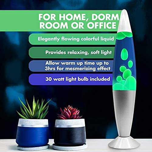 Jambo 16-Inch Beautiful Lamp with Wax That Flows Like Lava (Blue with Yellow/Green Wax, 16 Inch), Relaxing Night Light Nighlight Home Decor Living Room Office Bedroom Lamp for Adults, Teens, and Kids