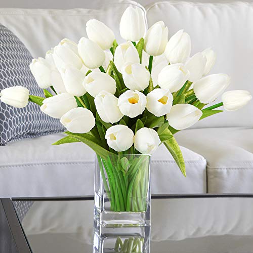 EZFLOWERY 10 Heads Artificial Tulips Flowers Real Touch Arrangement Bouquet for Home Room Office Party Wedding Decoration, Excellent Gift Idea for Mothers Day (10, White)