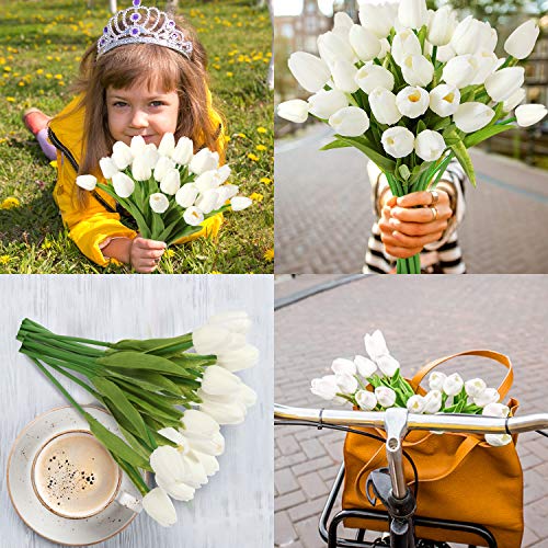 EZFLOWERY 10 Heads Artificial Tulips Flowers Real Touch Arrangement Bouquet for Home Room Office Party Wedding Decoration, Excellent Gift Idea for Mothers Day (10, White)