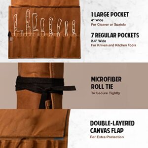 Hudson Durable Goods 8 Pocket Knife Roll - 22” W x 17” H Waxed Canvas Carrying Case for Kitchen Knives and Kitchen Tools - Heavy Duty, Portable Knife Storage Bag for Traveling - Tan Knife Pouch