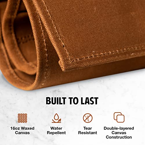 Hudson Durable Goods 8 Pocket Knife Roll - 22” W x 17” H Waxed Canvas Carrying Case for Kitchen Knives and Kitchen Tools - Heavy Duty, Portable Knife Storage Bag for Traveling - Tan Knife Pouch