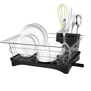 double 2 c dish drying rack, stainless steel dish drainer for kitchen, small dish drainer rack for kitchen counter, set of rustproof dish rack and drainboard (black)
