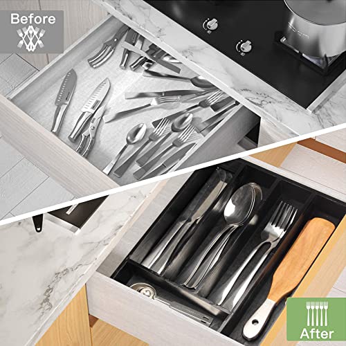 Ayiaren Kitchen Wood Utensil Tray Drawer Organizer, Wooden Cutlery Tray Silverware Drawer Divider 14.6"x9.5" Flatware Organizer Black Bamboo Silverware Tray Cutlery Utensil Holder for Drawer Tray