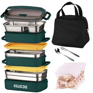 HEWOOH Bento Box Adult Lunch Box (74 Oz Large Capacity), Reusable, Including Lunch Bag, Fork And Spoon, 3 Dividers, Suitable For Work, School, Picnic, Dishwasher And Microwave Safe. （Green）