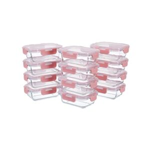 12 pack -12 ounce glass food storage containers with lids airtight, small meal prep containers set, microwave, dishwasher safe, leak-proof, bpa-free, clear/pink
