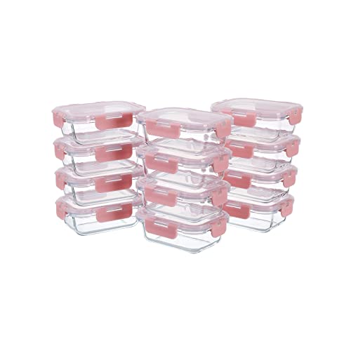 12 Pack -12 Ounce Glass Food Storage Containers with Lids Airtight, Small Meal Prep Containers Set, Microwave, Dishwasher Safe, Leak-Proof, BPA-Free, Clear/Pink