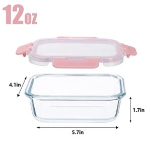 12 Pack -12 Ounce Glass Food Storage Containers with Lids Airtight, Small Meal Prep Containers Set, Microwave, Dishwasher Safe, Leak-Proof, BPA-Free, Clear/Pink