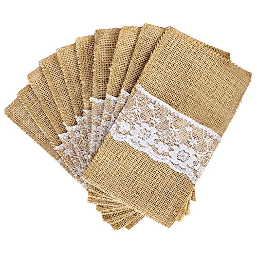 OurWarm 4 x 8 Inch Natural Burlap Lace Utensil Cutlery Holders Pouch Bags 50 Pack Knifes Forks Napkin Silverware Holder Bag for Rustic Wedding Party Bridal Shower Decorations