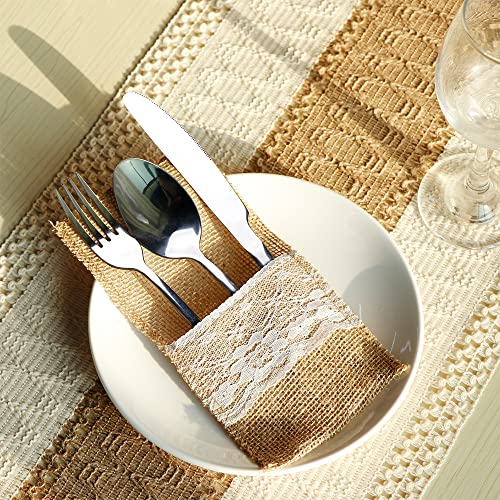 OurWarm 4 x 8 Inch Natural Burlap Lace Utensil Cutlery Holders Pouch Bags 50 Pack Knifes Forks Napkin Silverware Holder Bag for Rustic Wedding Party Bridal Shower Decorations